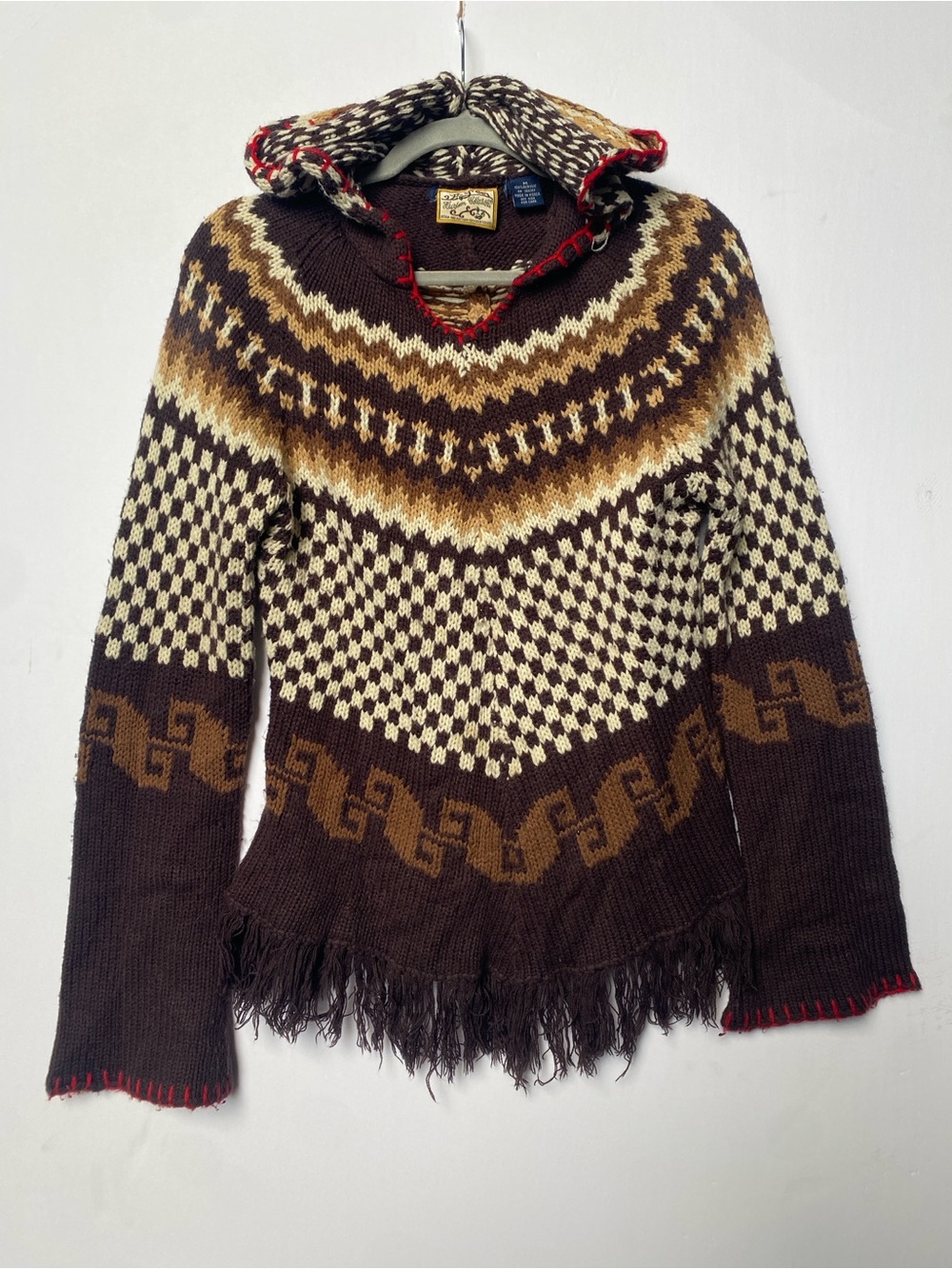 Brown & Cream Hooded V-Neck Sweater with Fringe